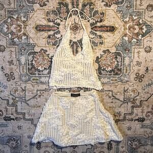 White Fox Floral Matching Two Piece Set Resort Vacation Mini Skirt Halter Top XS